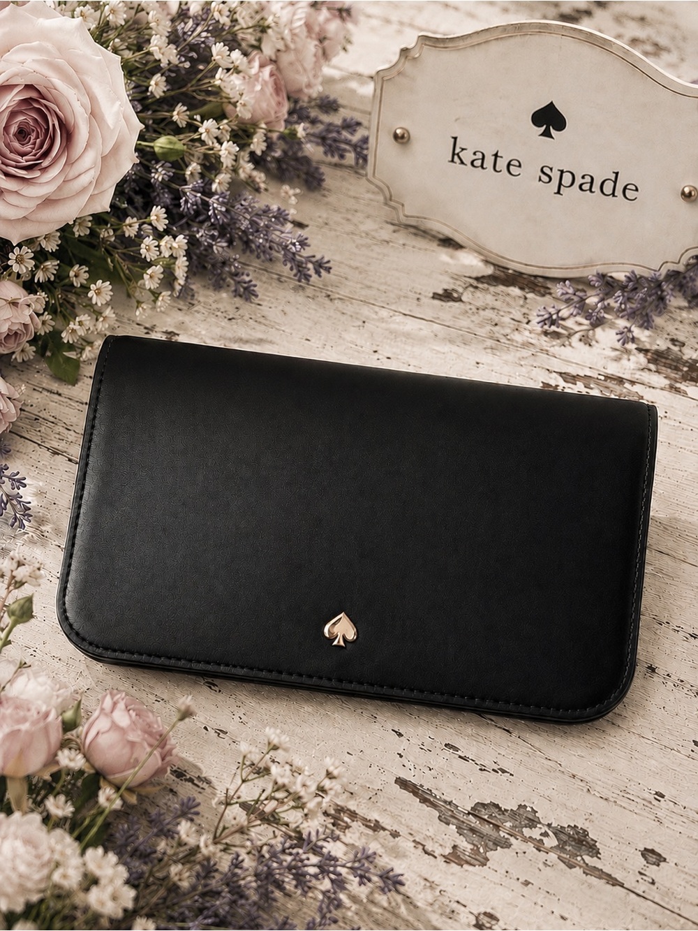 kate spade Black Leather Continental Wallet with Gold Spade‎ Accent